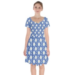 Daisy Dots Blue Short Sleeve Bardot Dress by snowwhitegirl