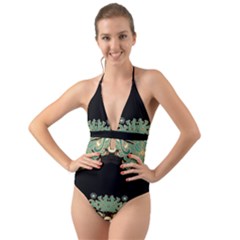 Black,green,gold,art Nouveau,floral,pattern Halter Cut-out One Piece Swimsuit by NouveauDesign