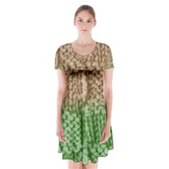 Knitted Wool Square Beige Green Short Sleeve V-neck Flare Dress by snowwhitegirl