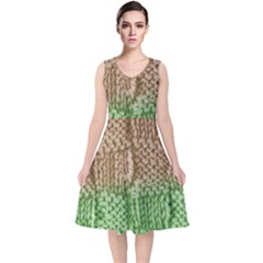 Knitted Wool Square Beige Green V-neck Midi Sleeveless Dress  by snowwhitegirl