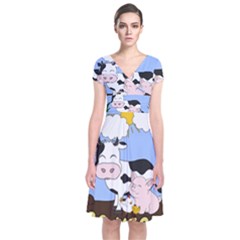 Friends Not Food - Cute Cow, Pig And Chicken Short Sleeve Front Wrap Dress by Valentinaart