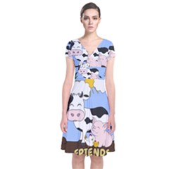 Friends Not Food - Cute Cow, Pig And Chicken Short Sleeve Front Wrap Dress by Valentinaart