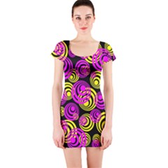 Neon Yellow And Hot Pink Circles Short Sleeve Bodycon Dress by PodArtist