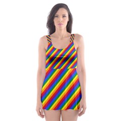 Gay Pride Flag Candy Cane Diagonal Stripe Skater Dress Swimsuit by PodArtist