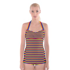 Horizontal Gay Pride Rainbow Flag Pin Stripes Boyleg Halter Swimsuit  by PodArtist