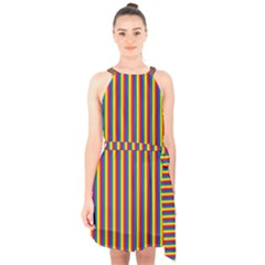 Vertical Gay Pride Rainbow Flag Pin Stripes Halter Collar Waist Tie Chiffon Dress by PodArtist