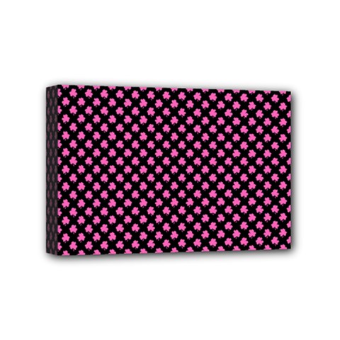 Small Hot Pink Irish Shamrock Clover On Black Mini Canvas 6  X 4  by PodArtist