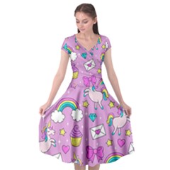 Cute Unicorn Pattern Cap Sleeve Wrap Front Dress by Valentinaart