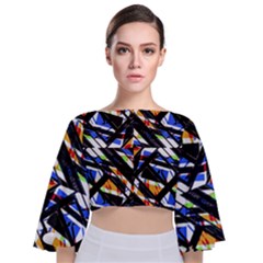 Multicolor Geometric Abstract Pattern Tie Back Butterfly Sleeve Chiffon Top by dflcprints
