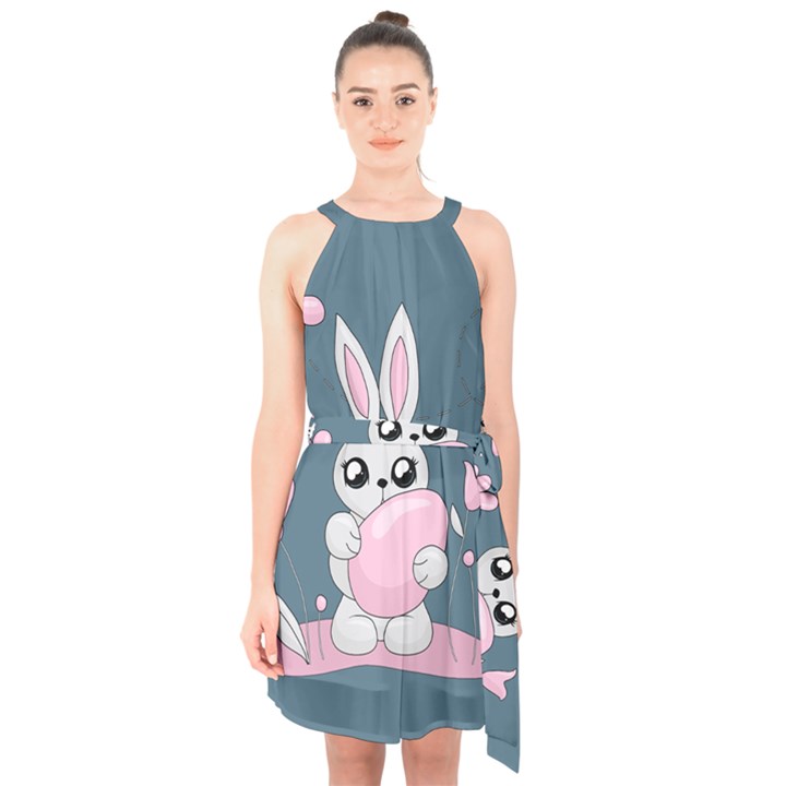 Easter bunny  Halter Collar Waist Tie Chiffon Dress