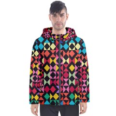 Colorful Rhombus And Triangles                                Men s Hooded Puffer Jacket by LalyLauraFLM