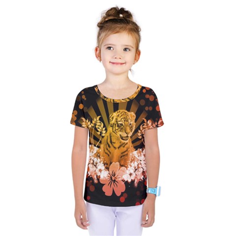 Cute Little Tiger With Flowers Kids  One Piece Tee by FantasyWorld7