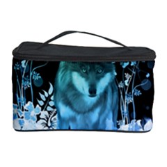 Amazing Wolf With Flowers, Blue Colors Cosmetic Storage Case by FantasyWorld7