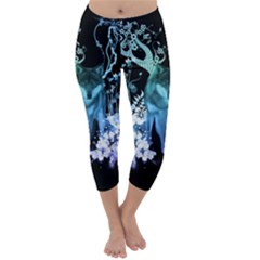 Amazing Wolf With Flowers, Blue Colors Capri Winter Leggings  by FantasyWorld7