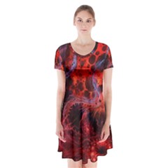 Art Space Abstract Red Line Short Sleeve V-neck Flare Dress by Sapixe