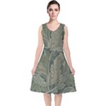 Vintage Background Green Leaves V-Neck Midi Sleeveless Dress 