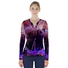 Happy New Year Clock Time Fireworks Pictures V-neck Long Sleeve Top