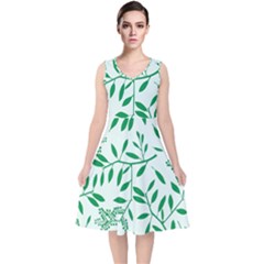 Leaves Foliage Green Wallpaper V-neck Midi Sleeveless Dress 