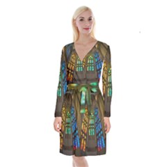 Leopard Barcelona Stained Glass Colorful Glass Long Sleeve Velvet Front Wrap Dress