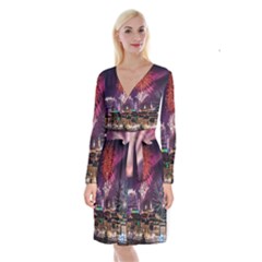 New Year New Year’s Eve In Salzburg Austria Holiday Celebration Fireworks Long Sleeve Velvet Front Wrap Dress by Sapixe