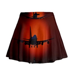 Red Sun Jet Flying Over The City Art Mini Flare Skirt by Sapixe
