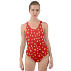 Yellow Stars Red Background Cut-out Back One Piece Swimsuit by Sapixe