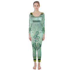 Music, Decorative Clef With Floral Elements Long Sleeve Catsuit by FantasyWorld7