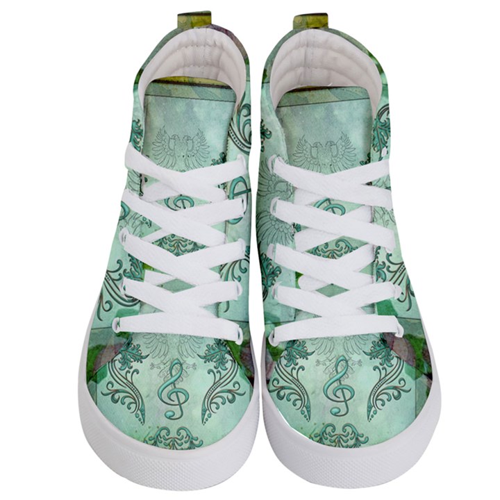 Music, Decorative Clef With Floral Elements Kid s Hi-Top Skate Sneakers