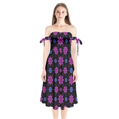 Stylized Dark Floral Pattern Shoulder Tie Bardot Midi Dress