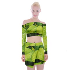Leaf Green Foliage Green Leaves Off Shoulder Top With Mini Skirt Set by Simbadda