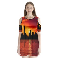 Skyline New York City Sunset Dusk Shoulder Cutout Velvet One Piece by Simbadda