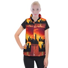 Skyline New York City Sunset Dusk Women s Button Up Vest by Simbadda