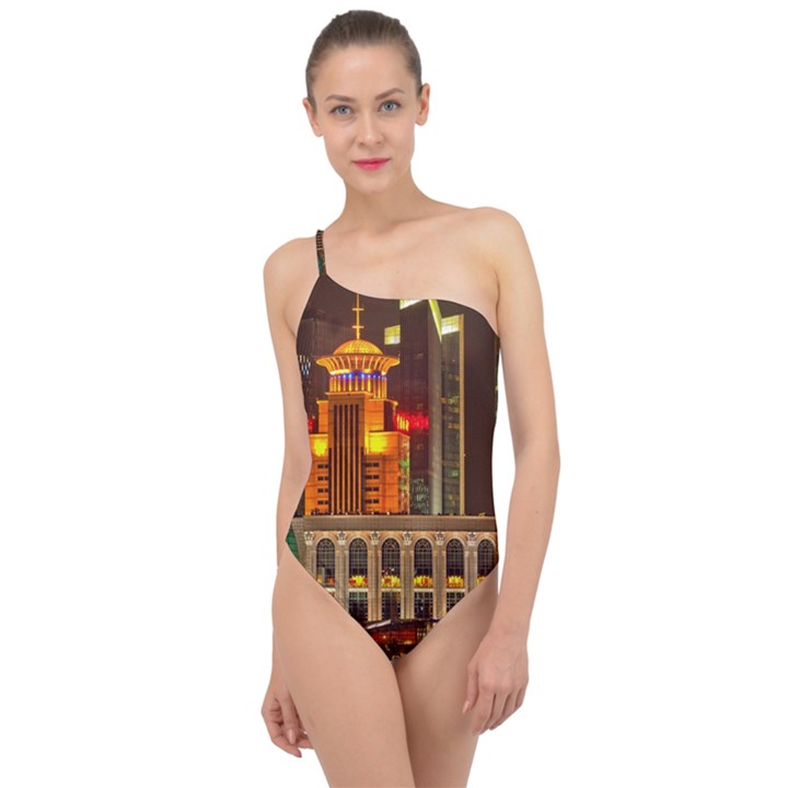 Shanghai Skyline Architecture Classic One Shoulder Swimsuit