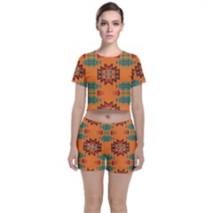 Misc Shapes On An Orange Background                              Crop Top And Shorts Co-ord Set by LalyLauraFLM