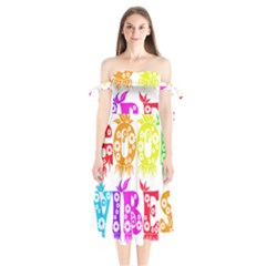 Good Vibes Rainbow Colors Funny Floral Typography Shoulder Tie Bardot Midi Dress by yoursparklingshop