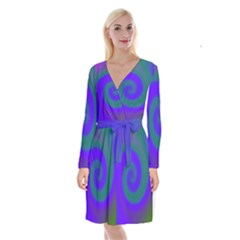 Swirl Green Blue Abstract Long Sleeve Velvet Front Wrap Dress by BrightVibesDesign