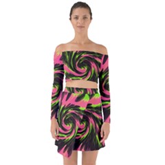 Swirl Black Pink Green Off Shoulder Top With Skirt Set by BrightVibesDesign