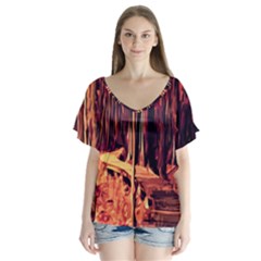 Forest Autumn Trees Trail Road V-neck Flutter Sleeve Top