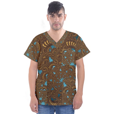 Fractal Abstract Pattern Men s V-neck Scrub Top by Sapixe