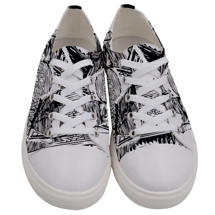 Line Art Architecture Old House Women s Low Top Canvas Sneakers