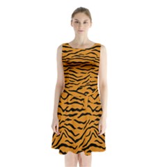 Orange And Black Tiger Stripes Sleeveless Waist Tie Chiffon Dress by PodArtist