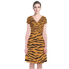Orange And Black Tiger Stripes Short Sleeve Front Wrap Dress by PodArtist