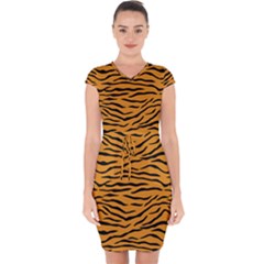 Orange And Black Tiger Stripes Capsleeve Drawstring Dress  by PodArtist