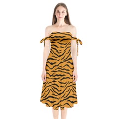 Orange And Black Tiger Stripes Shoulder Tie Bardot Midi Dress by PodArtist