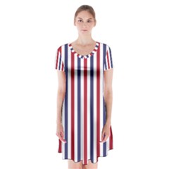 Usa Flag Red White And Flag Blue Wide Stripes Short Sleeve V-neck Flare Dress by PodArtist