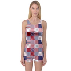 Usa Americana Patchwork Red White & Blue Quilt One Piece Boyleg Swimsuit