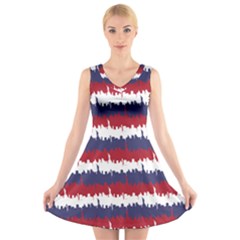 244776512ny Usa Skyline In Red White & Blue Stripes Nyc New York Manhattan Skyline Silhouette V-neck Sleeveless Dress by PodArtist