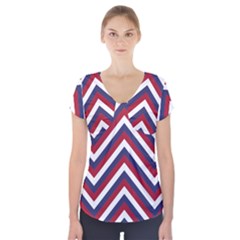 United States Red White And Blue American Jumbo Chevron Stripes Short Sleeve Front Detail Top by PodArtist
