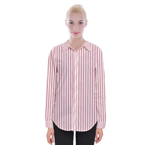 Mattress Ticking Narrow Striped Usa Flag Red And White Womens Long Sleeve Shirt by PodArtist