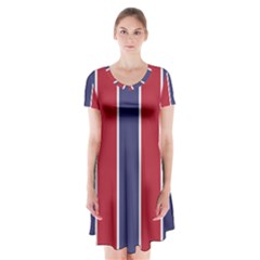 Large Red White And Blue Usa Memorial Day Holiday Vertical Cabana Stripes Short Sleeve V-neck Flare Dress by PodArtist